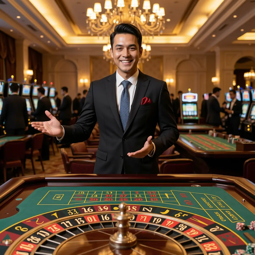 BM96 – Join immersive live casino tables designed for Malaysian players Stylish live casino dealer at a roulette table inside a luxury casino atmosphere, inviting players to join the action on BM96 Malaysia
